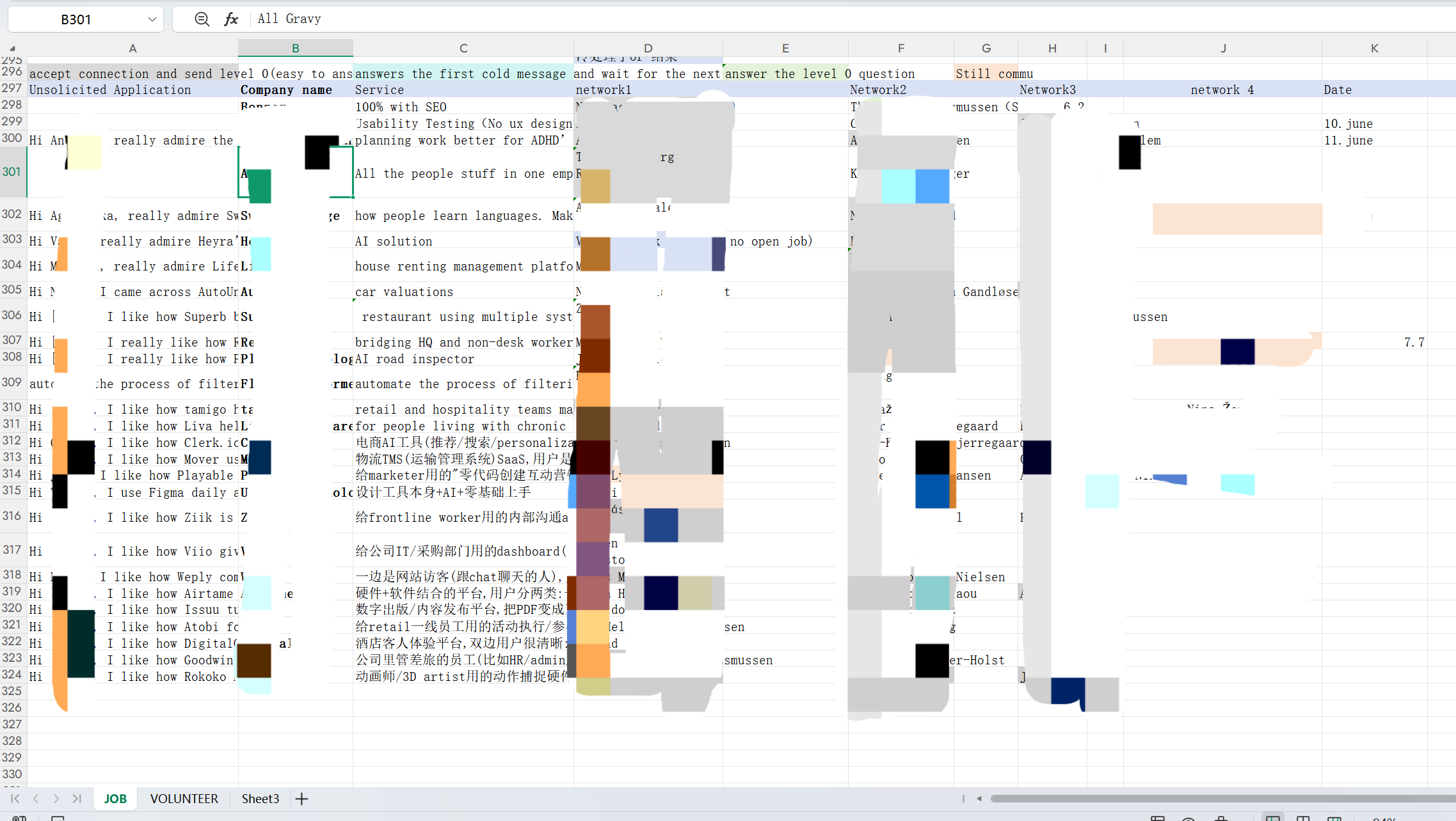 Original messy spreadsheet, cold outreach section mixed into the same sheet