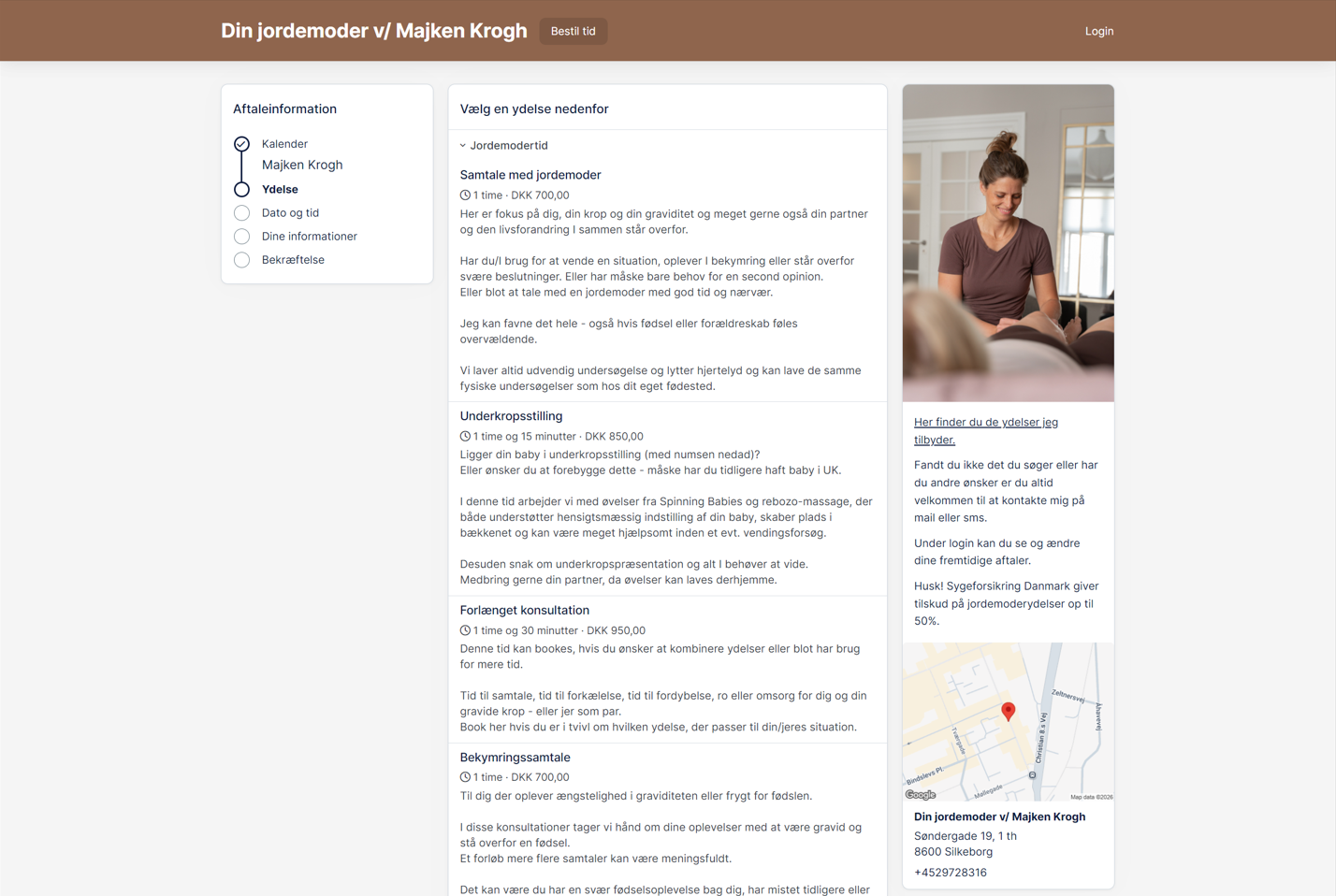 Din Jordemoder booking system page