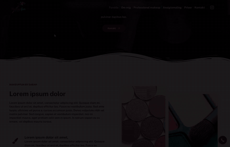 Screen recording of the Makeupfun by Sarah homepage scrolling, with service cards and event cards animating in