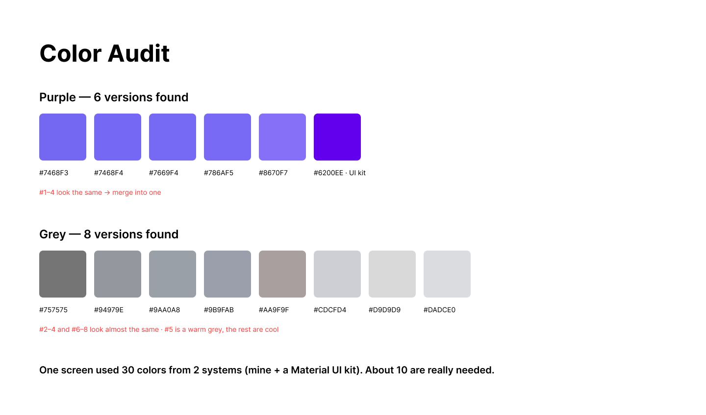 Colour audit of the 2024 ParkFlux screens: six versions of the same purple and eight greys across the two apps