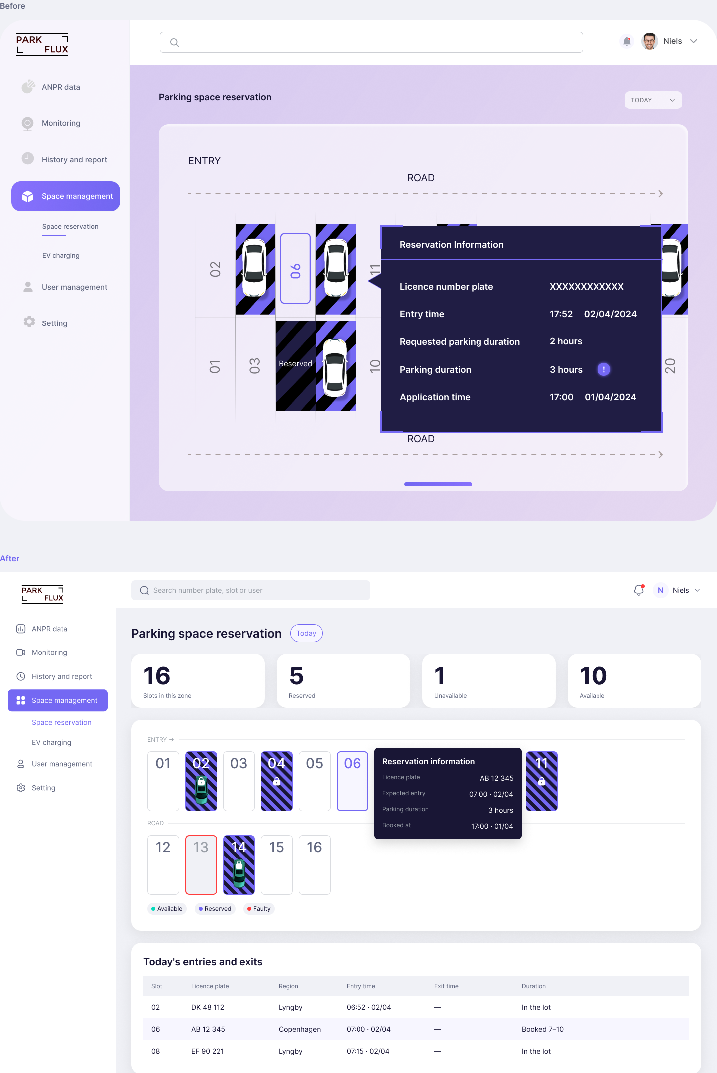 Dashboard booking screen: the 2024 version on top, rebuilt with the design system below