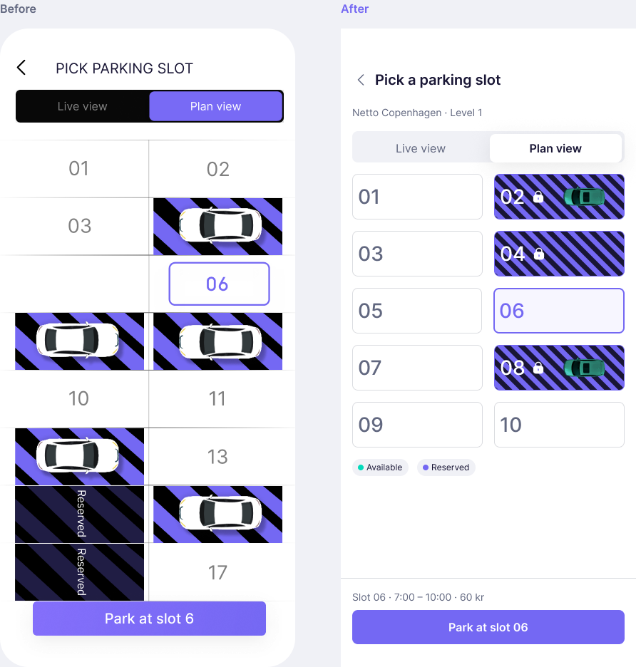 Driver app slot picker: the 2024 version on the left, rebuilt with the design system on the right