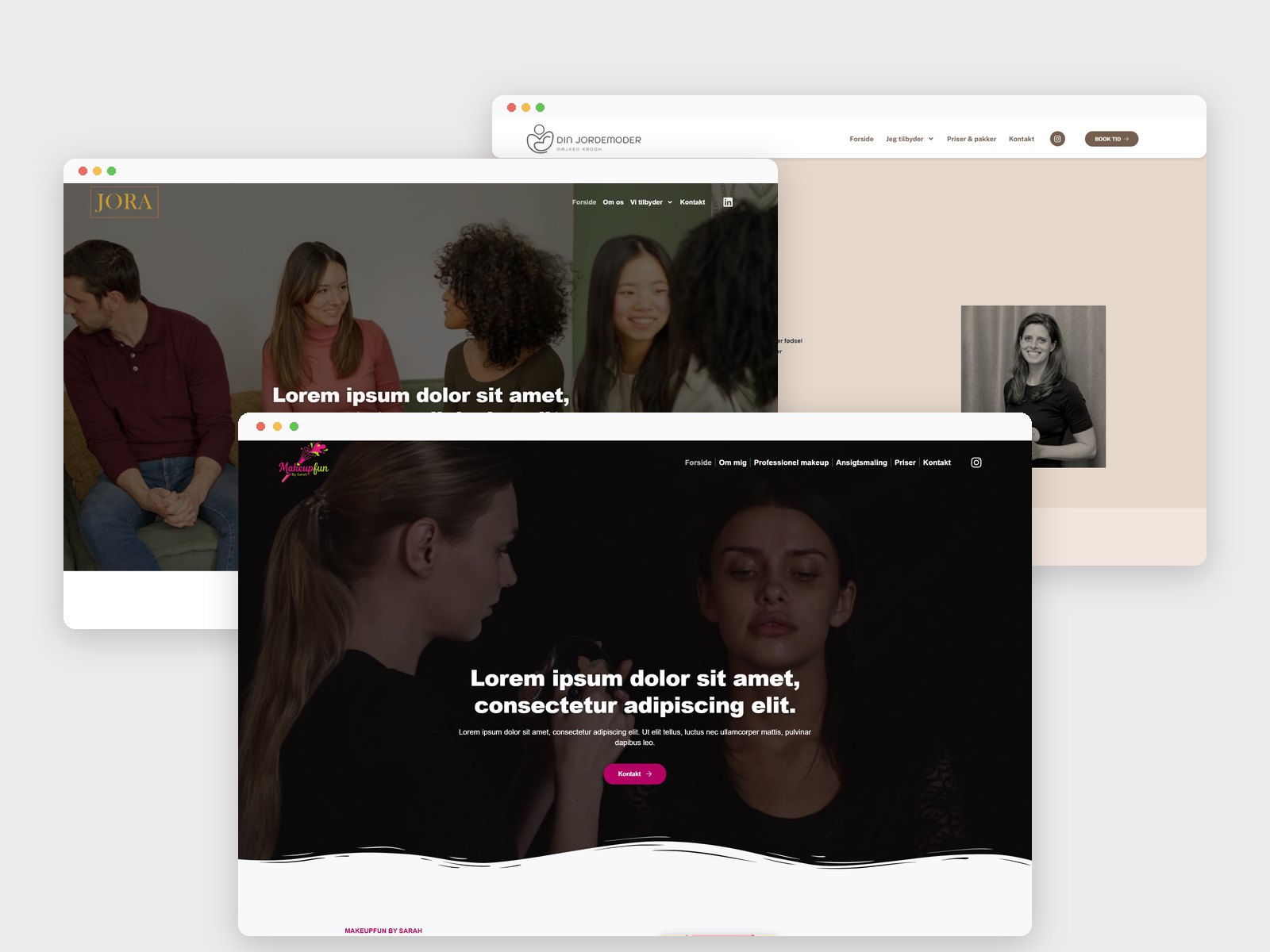 Homepages of three client websites I designed at Talento Plus: Joraliv, Makeupfun by Sarah and Din Jordemoder
